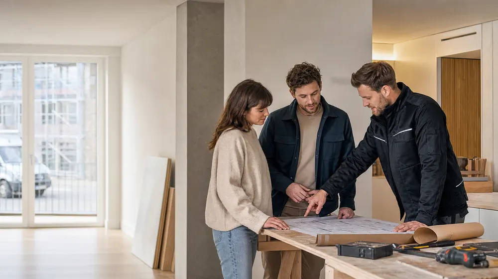 Privatkunde bespricht einen Renovierungsauftrag mit einem Handwerker