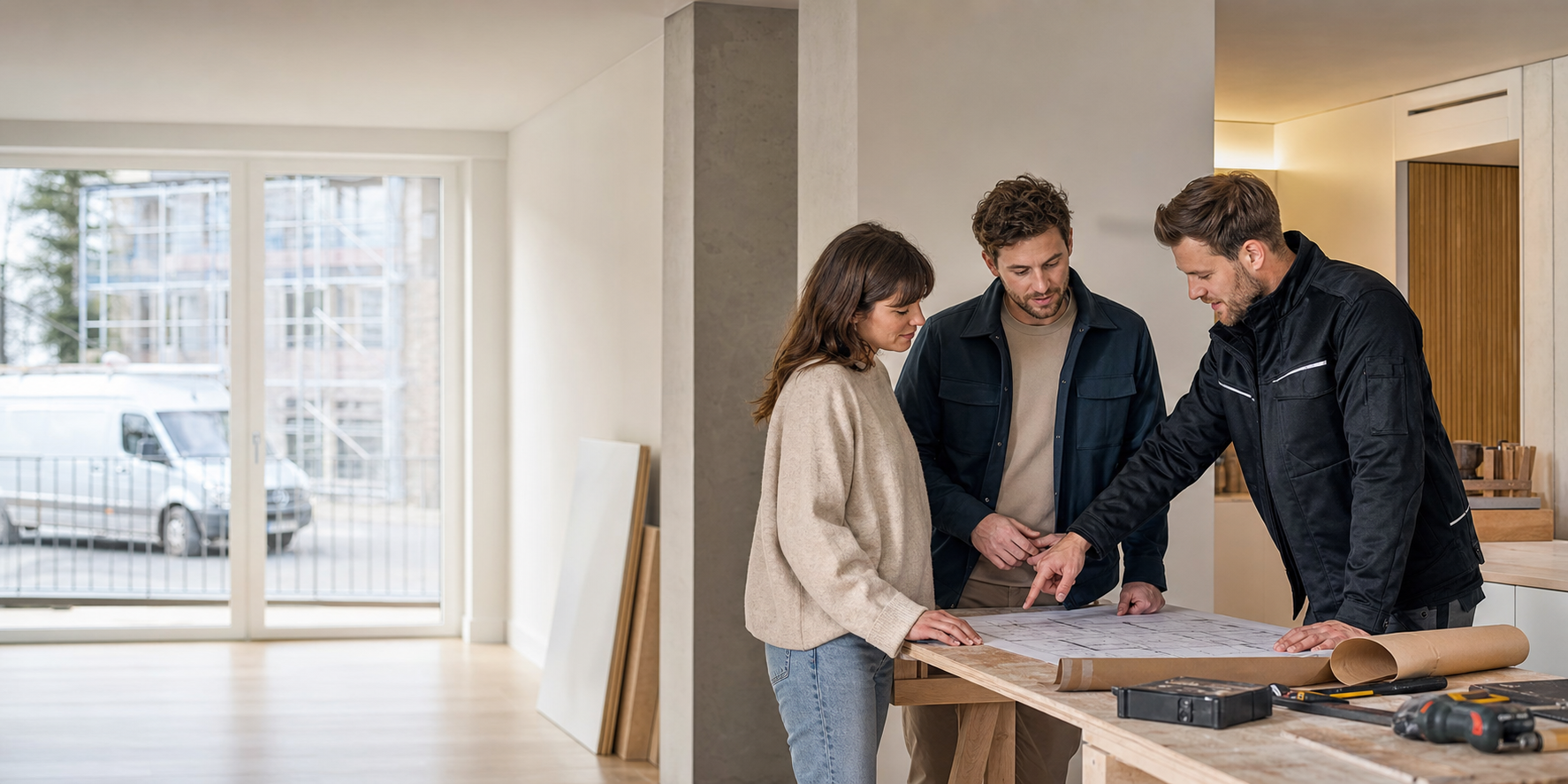 Auftraggeber und Handwerker besprechen ein Bauprojekt im Innenraum